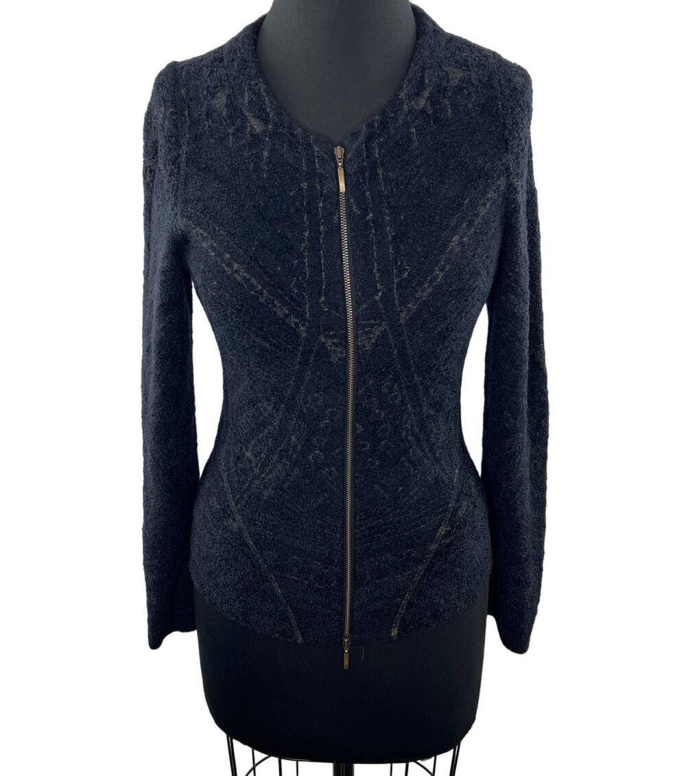 ALDOMARTINS Black Faux Fur Full Zip Sweater Jacket Long Sleeve Knit Fitted S SM